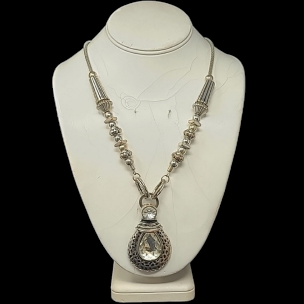 SILVER TONE LONG NECKLACE TEARDROP JEWELED PENDANT